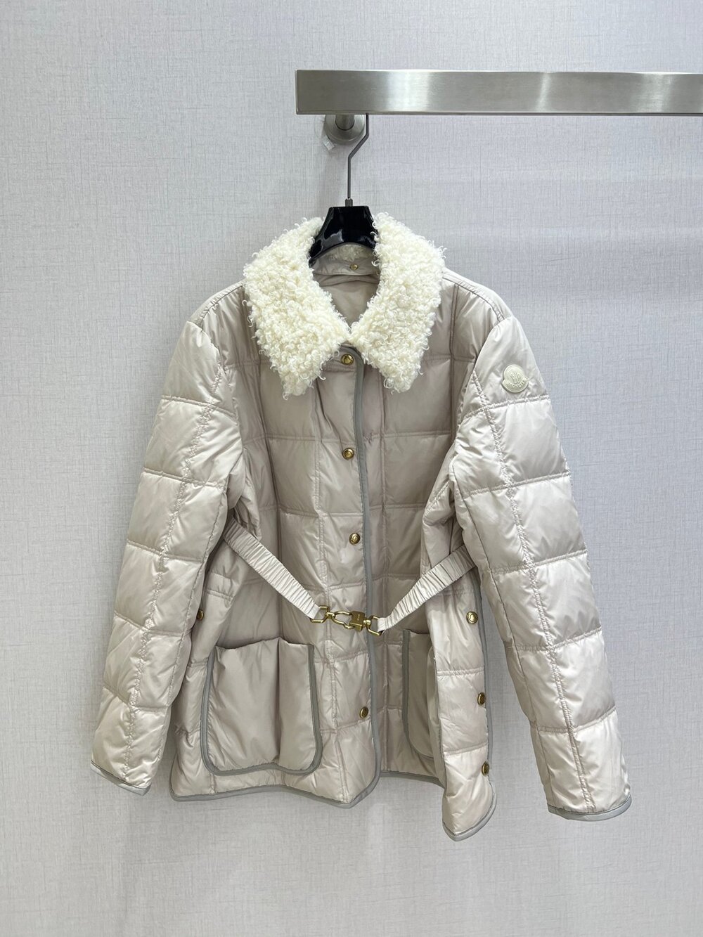 Moncler Beige Shearling Collar Waist‑Belt Down Coat